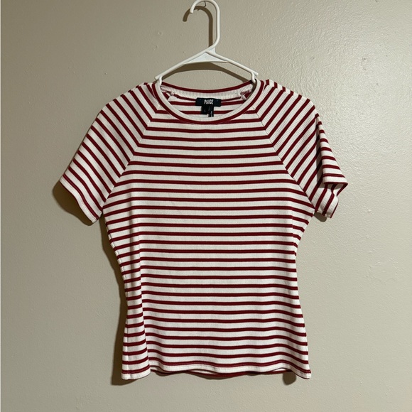 PAIGE Women's Bijou Tee Red and White Striped Top Size Large - Picture 1 of 4